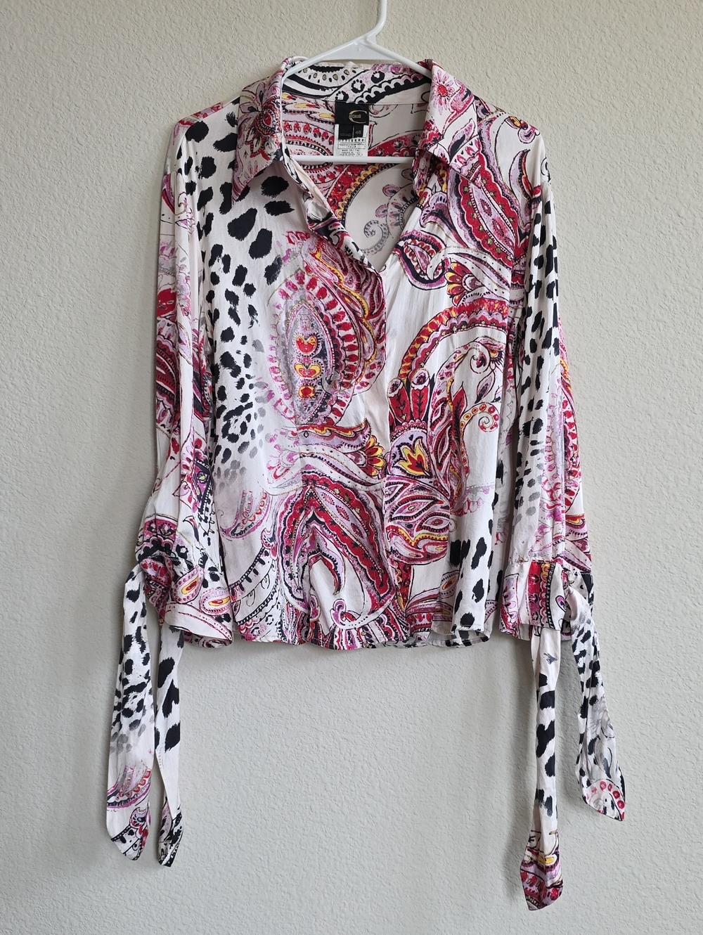 VTG Y2K Just Cavalli Paisley Animal Print Blouse White Pink Black Tie Sleeves 46